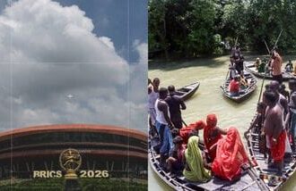 Clouds gather over Bharat Mandapam in New Delhi (L) and a latest picture of flood-affected district Purnia from Bihar (R).