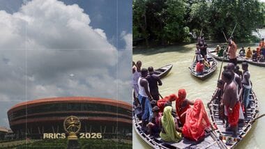 Clouds gather over Bharat Mandapam in New Delhi (L) and a latest picture of flood-affected district Purnia from Bihar (R).