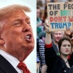 Donald Trump in Dublin (L) and a picture of a demonstrator in Dublin (R).