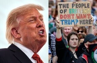 Donald Trump in Dublin (L) and a picture of a demonstrator in Dublin (R).