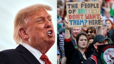 Donald Trump in Dublin (L) and a picture of a demonstrator in Dublin (R).