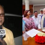Representative photos of Jagadish Chandra Barma Basunia (L) and PM Narendra Modi with MPs, including rebel TMC MPs who joined NCPI (R).