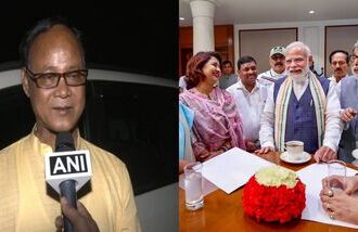 Representative photos of Jagadish Chandra Barma Basunia (L) and PM Narendra Modi with MPs, including rebel TMC MPs who joined NCPI (R).