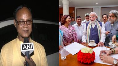 Representative photos of Jagadish Chandra Barma Basunia (L) and PM Narendra Modi with MPs, including rebel TMC MPs who joined NCPI (R).