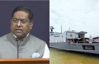 Randhir Jaiswal (R) and INS Kolkata (L)