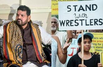 A picture of Brij Bhushan (L) and a picture of protest in Bengaluru (R).