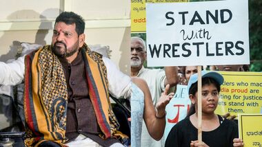 A picture of Brij Bhushan (L) and a picture of protest in Bengaluru (R).
