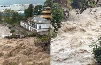 A view of the swollen Bagmati River in Kathmandu on Friday.