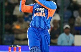 India's Abhishek Sharma plays a shot during the 3rd T20I against Afghanistan at Arun Jaitley Stadium, in New Delhi on Thursday.