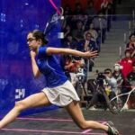 India's Anahat Singh (L) competes against Japan's Satomi Watanabe during the women's singles semifinal squash match.