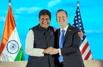 Union Minister for Commerce and Industry Piyush Goyal poses for a photo with US Ambassador to India Sergio Gor. (@USAmbIndia X/ANI Photo)