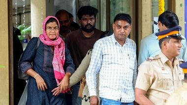 Parents of 22-year-old Sahil Wakode, a second-year B.Tech student at IIT Bombay, arrive at the Powai Police Station following his tragic death by suicide, in Mumbai on Saturday. (ANI Photo)