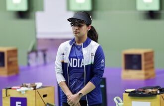 File image of Manu Bhaker during the 2026 Asian Games, where she is currently competing in the women's 25m pistol rapid qualification.