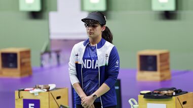 File image of Manu Bhaker during the 2026 Asian Games, where she is currently competing in the women's 25m pistol rapid qualification.