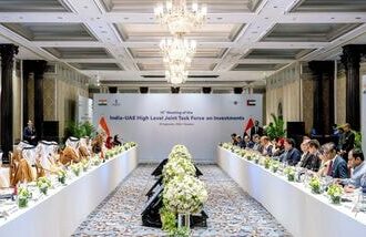 Union Minister of Commerce and Industry Piyush Goyal co-chairs the 14th Meeting of the India-UAE High-Level Joint Task Force on Investments with Abu Dhabi Investment Authority MD Sheikh Hamed bin Zayed Al Nahyan, in Mumbai on Monday.