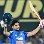 Indian skipper Shubman Gill celebrates his century during the 2nd ODI against West Indies at Barsapara Cricket Stadium, in Guwahati on Wednesday.