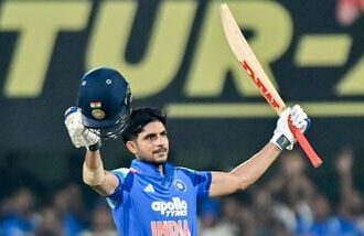 Indian skipper Shubman Gill celebrates his century during the 2nd ODI against West Indies at Barsapara Cricket Stadium, in Guwahati on Wednesday.