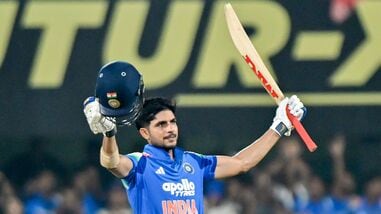 Indian skipper Shubman Gill celebrates his century during the 2nd ODI against West Indies at Barsapara Cricket Stadium, in Guwahati on Wednesday.