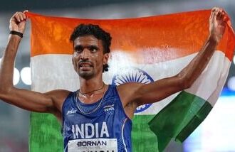 India's Gulveer Singh reacts after his third place finish in the men's 5000m at the Asian Games in Nagoya, Japan, Tuesday, Sept. 29, 2026. AP/PTI(AP09_29_2026_000276B)