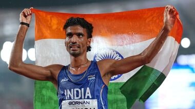 India's Gulveer Singh reacts after his third place finish in the men's 5000m at the Asian Games in Nagoya, Japan, Tuesday, Sept. 29, 2026. AP/PTI(AP09_29_2026_000276B)
