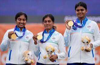 Asian Games 2026 LIVE Updates, Day 12: India compound women's team celebrate on the podium after winning gold at Asian Games 2026.