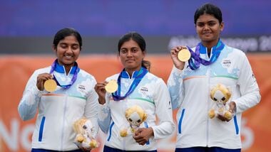 Asian Games 2026 LIVE Updates, Day 12: India compound women's team celebrate on the podium after winning gold at Asian Games 2026.
