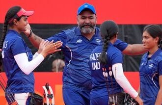 India team members celebrate after winning the compound women's team final in archery between India and China, at the Asian Games in Okazaki, Japan, Wednesday, Sept. 30, 2026.