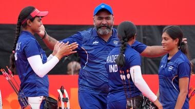 India team members celebrate after winning the compound women's team final in archery between India and China, at the Asian Games in Okazaki, Japan, Wednesday, Sept. 30, 2026.