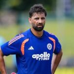 Colombo: India's Auqib Nabi during a warm-up session before the start of the fourth day of the second Test cricket match between India and Sri Lanka, in Colombo, Sri Lanka, Wednesday, Aug. 26, 2026. (PTI Photo/Shailendra Bhojak)(PTI08_26_2026_000072B)