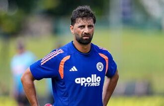 Colombo: India's Auqib Nabi during a warm-up session before the start of the fourth day of the second Test cricket match between India and Sri Lanka, in Colombo, Sri Lanka, Wednesday, Aug. 26, 2026. (PTI Photo/Shailendra Bhojak)(PTI08_26_2026_000072B)