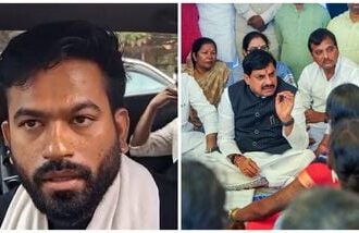 (L-R) Cockroach Janta Party (CJP) founder Abhijeet Dipke talks to the media as he arrives to visit affected tribal families at a village, in Balaghat; Madhya Pradesh Chief Minister Mohan Yadav interacts with villagers of Kork and Bondari area under the Jan-Vishwas Abhiyan, in Balaghat on Saturday.
