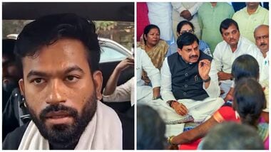(L-R) Cockroach Janta Party (CJP) founder Abhijeet Dipke talks to the media as he arrives to visit affected tribal families at a village, in Balaghat; Madhya Pradesh Chief Minister Mohan Yadav interacts with villagers of Kork and Bondari area under the Jan-Vishwas Abhiyan, in Balaghat on Saturday.