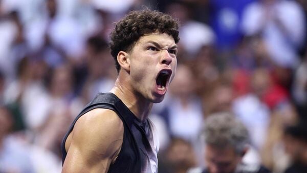 USA's ben Shelton reacts (in pic) reacts after beating Spain's Carlos Alcaraz in a US Open 2026 quarterfinal match.
