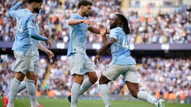 Manchester City's Antoine Semenyo, right, reacts after scoring third goal during the English Premier League soccer match between Manchester City and Sunderland in Manchester, England.