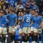 Brighton players celebrate first goal during the English Premier League soccer match between Brighton & Hove Albion and Arsenal in Brighton, England.