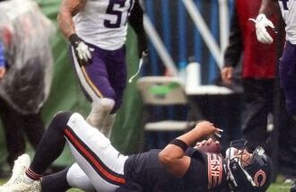 Caleb Williams #18 of the Chicago Bears reacts against the Minnesota Vikings during the third quarter of the game at Soldier Field on September 20, 2026 in Chicago, Illinois.
