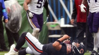 Caleb Williams #18 of the Chicago Bears reacts against the Minnesota Vikings during the third quarter of the game at Soldier Field on September 20, 2026 in Chicago, Illinois.
