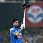 India's captain Shubman Gill celebrates after scoring a double-century (200 runs) during the second one-day international (ODI) cricket match between India and West Indies.