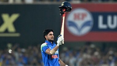 India's captain Shubman Gill celebrates after scoring a double-century (200 runs) during the second one-day international (ODI) cricket match between India and West Indies.