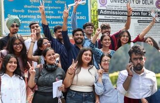 Students show victory signs amid the voting for the Delhi University Students' Union (DUSU) elections, at North Campus in New Delhi on Friday. (Inset: Independent candidate Deepanshu Shokeen.