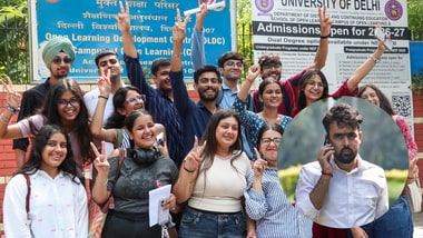 Students show victory signs amid the voting for the Delhi University Students' Union (DUSU) elections, at North Campus in New Delhi on Friday. (Inset: Independent candidate Deepanshu Shokeen.