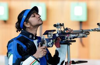 India's Elavenil Valarivan reacts at the Asian Games 2026.
