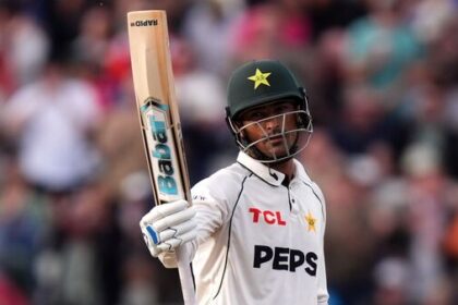 Pakistan's Razaullah celebrates scoring a half-century during the third Test against England in Birmingham on Friday.