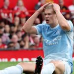 Manchester City's Erling Haaland reacts against Manchester United.