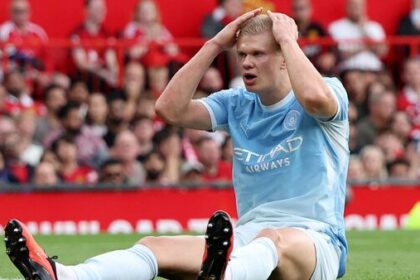 Manchester City's Erling Haaland reacts against Manchester United.
