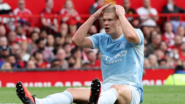 Manchester City's Erling Haaland reacts against Manchester United.
