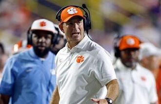 Head coach Dabo Swinney of the Clemson Tigers reacts to a play during the second half of a game against the LSU Tigers at Tiger Stadium on September 05, 2026 in Baton Rouge, Louisiana.