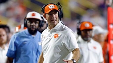 Head coach Dabo Swinney of the Clemson Tigers reacts to a play during the second half of a game against the LSU Tigers at Tiger Stadium on September 05, 2026 in Baton Rouge, Louisiana.