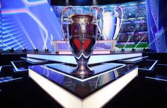 This photograph shows the UEFA Champions League trophy