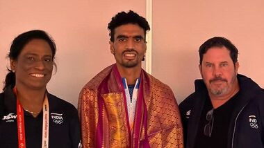 India Gulveer Singh (C) along with IOA chief PT Usha (L) and Scott Simmons.